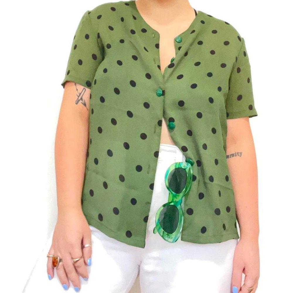 Retro Green Button Up Black Polka Dots Short Sleeve Shirt S